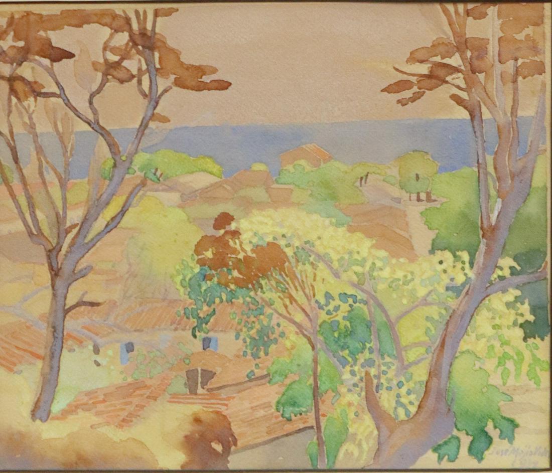 JOSE MEJIA VIDES (D.1993) WATERCOLOR VILLAGE VIEW: Framed watercolor painting on paper, Village View, signed lower right Jose Mejia Vides (El Salvador, 1903-1993), dated 1939, sight: approx 9"h, 10.5"w, overall: approx 14.75"h, 16.25"w, 2.5lbs Start P