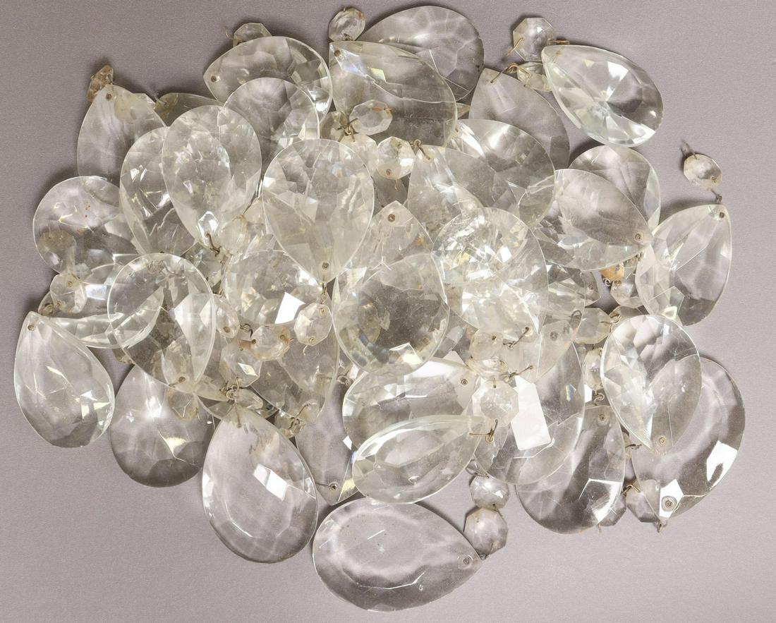 (LOT) ITALIAN CRYSTAL CHANDELIER DROPS & BEADS: (lot) Italian crystal chandelier drops, parts and pieces, including: teardrop pendalogues and faceted beads, typical small chips, largest: approx 3"h, 1.75"w, 6.1lbs total Start Price: $60.00
