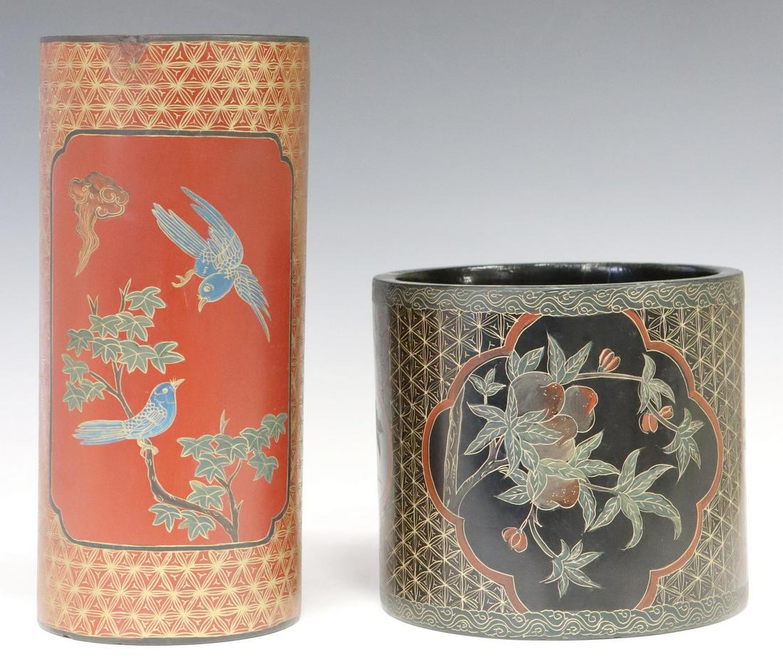 (2) CHINESE LACQUER HAT STAND & BRUSH POT (1 of 4)
