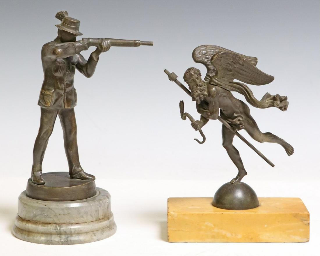 (2) BRONZE SCULPTURES, HUNTER & WINGED MALE NUDE: (lot of 2) Patinated bronze sculptures, rising on marble bases, comprising: (1) Hunter Wearing a Hat, signed Farkas B., approx 9.75"h; (1) Winged Bearded Male Nude, restoration to wings, approx 8.5"h;