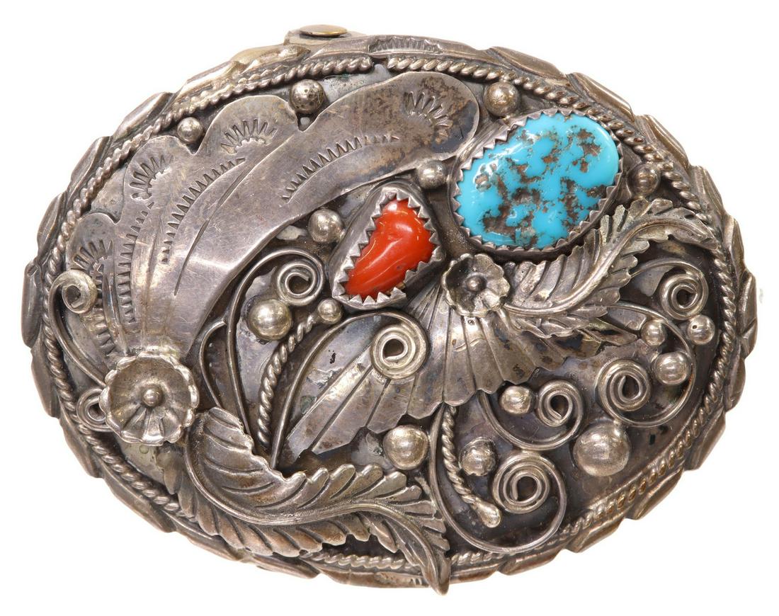 NATIVE AMERICAN RED CORAL & TURQUOISE BELT BUCKLE (1 of 2)