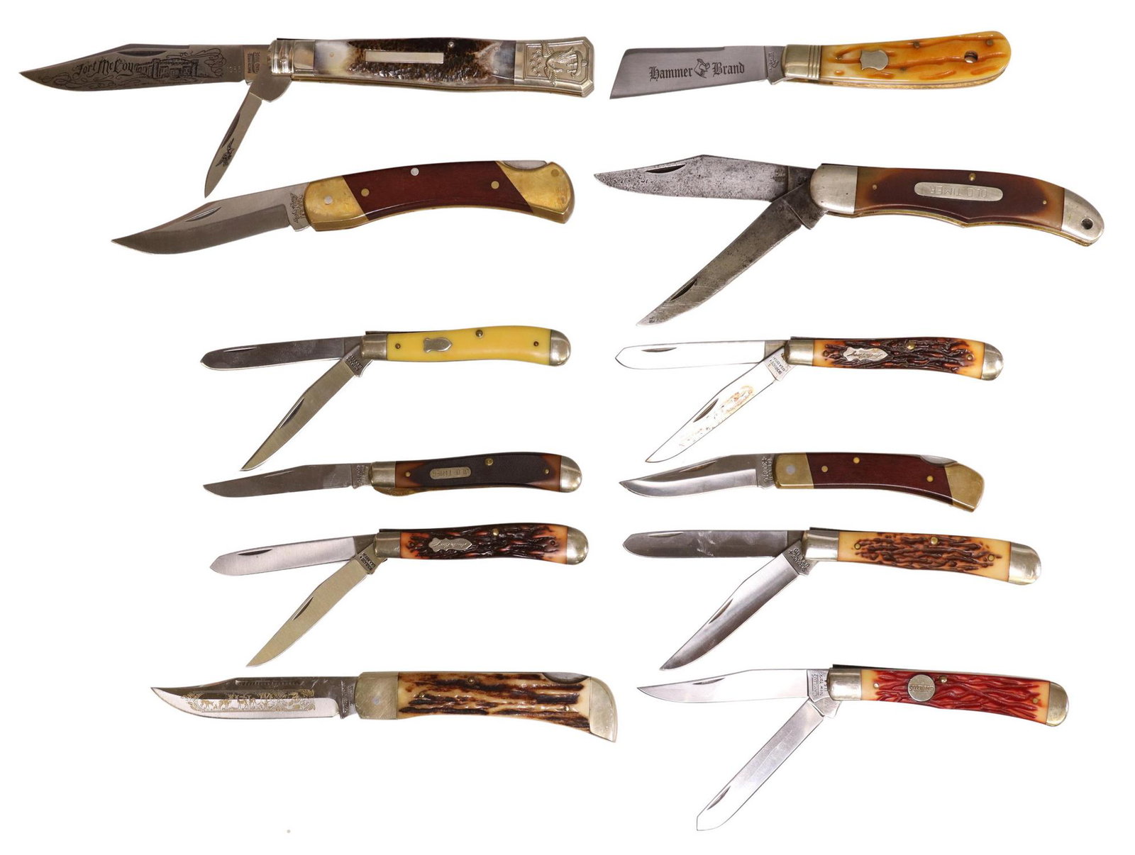 (12) POCKET KNIVES SCHRADE, CAMILLUS, MORE: (lot of 12) Pocket knives, unused and not sharpened, most well lubricated: (1) Parker Cut Co. Commemorative 1862 Fort McCoy, 1033 stainless steel, 2 etched blades, 5" clip point blade, 2.25" drop poin