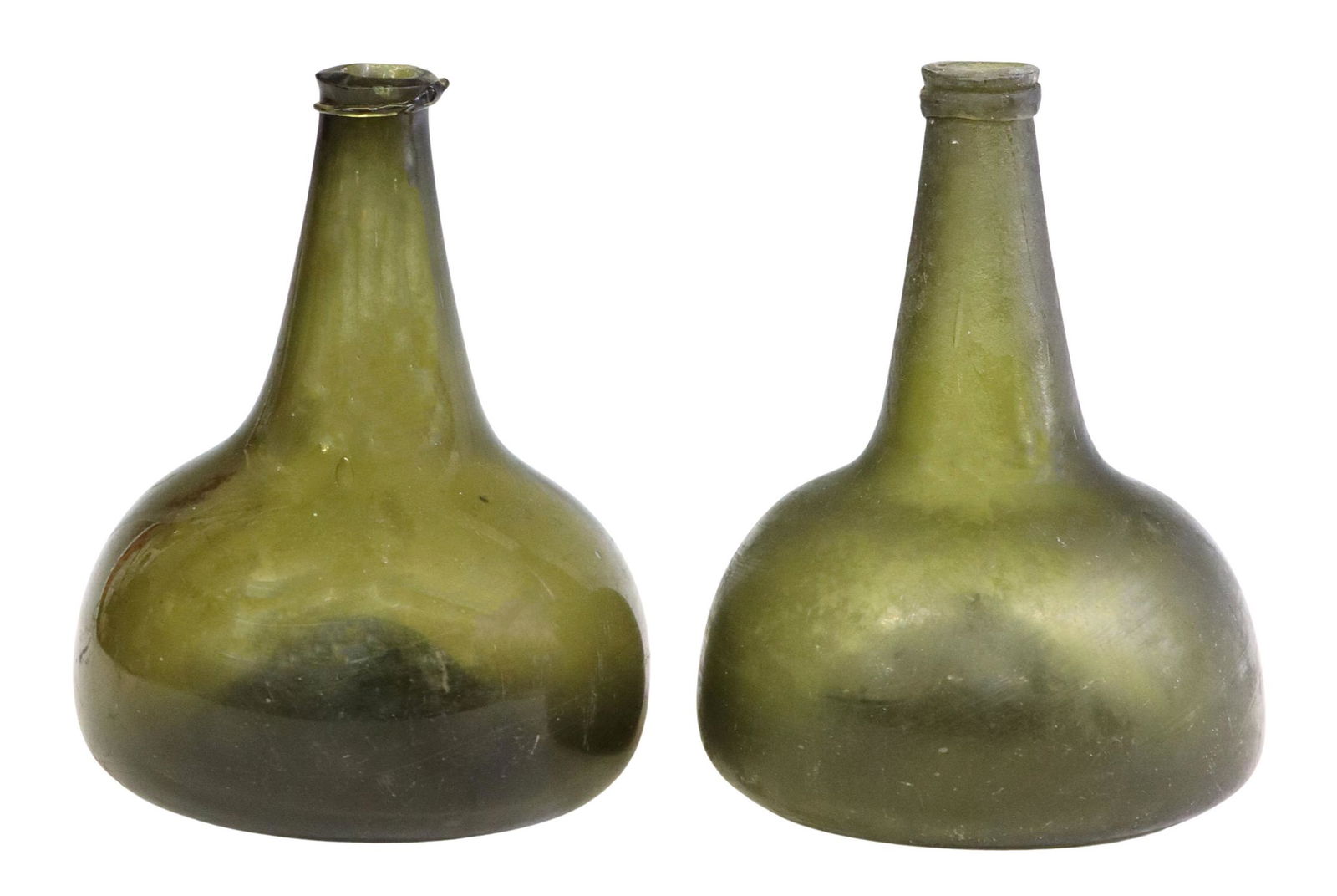 (2) ANTIQUE ONION FORM OLIVE GLASS BOTTLES (1 of 4)