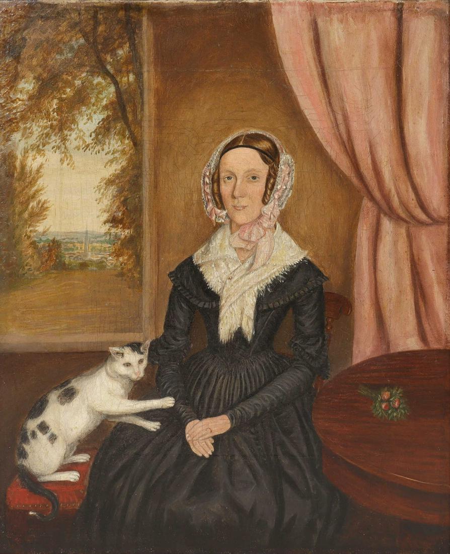 AMERICAN SCHOOL FOLK ART PORTRAIT WITH CAT (1 of 3)