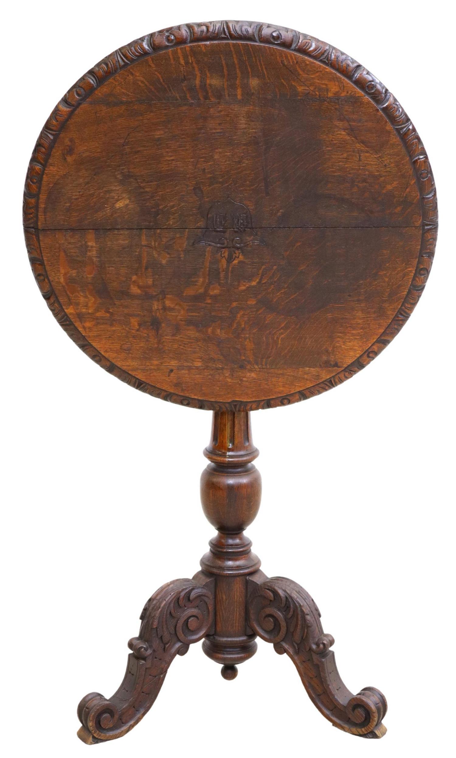 CARVED OAK TILT-TOP TRIPOD TABLE, 19TH C. (1 of 6)