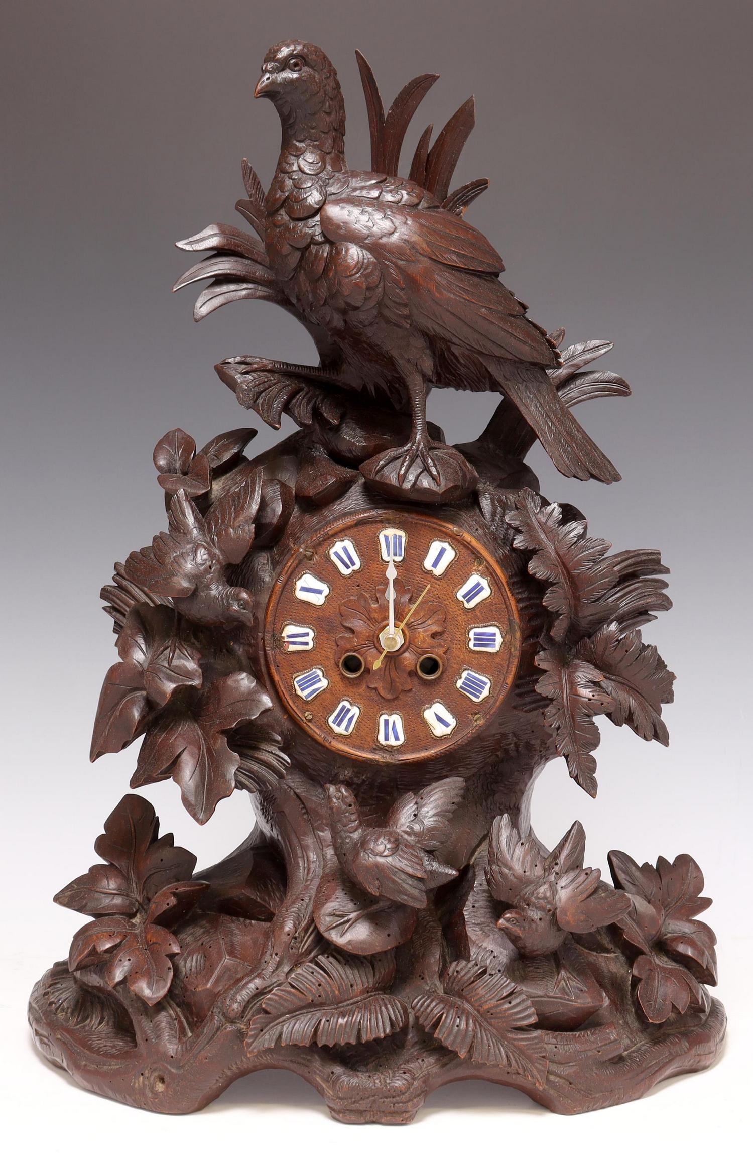 BLACK FOREST CARVED BIRDS WALNUT MANTEL CLOCK (1 of 7)