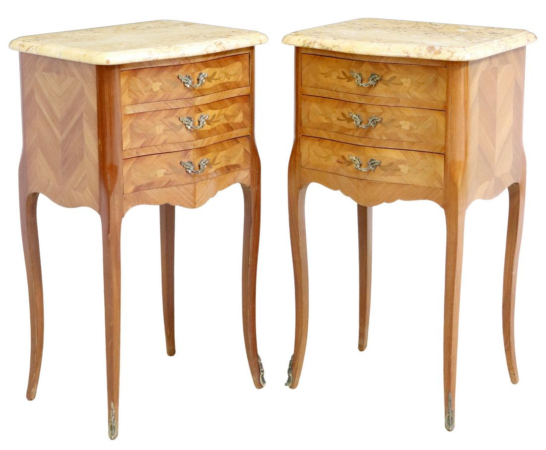 (2) FRENCH LOUIS XV STYLE MARBLE-TOP NIGHTSTANDS: (pair) French Louis XV style marble-top nightstands, 20th c., having three drawers, faced with floral marquetry, rising on cabriole legs, ending in sabots, approx 28.5"h, 16.25"w, 13.75"d Start Price: