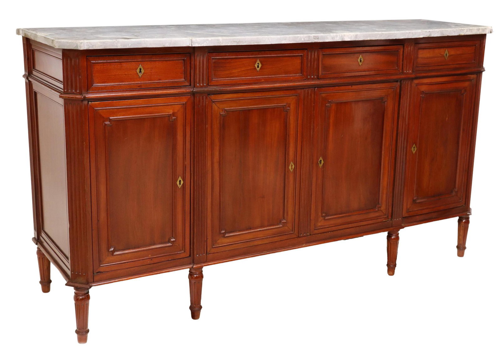 LOUIS XVI STYLE MARBLE-TOP MAHOGANY SIDEBOARD: French Louis XVI style mahogany sideboard, 20th c., having integral marble top, four drawers, over four cabinet doors, rising on fluted and tapered legs, marble top is intact with restoration, approx 