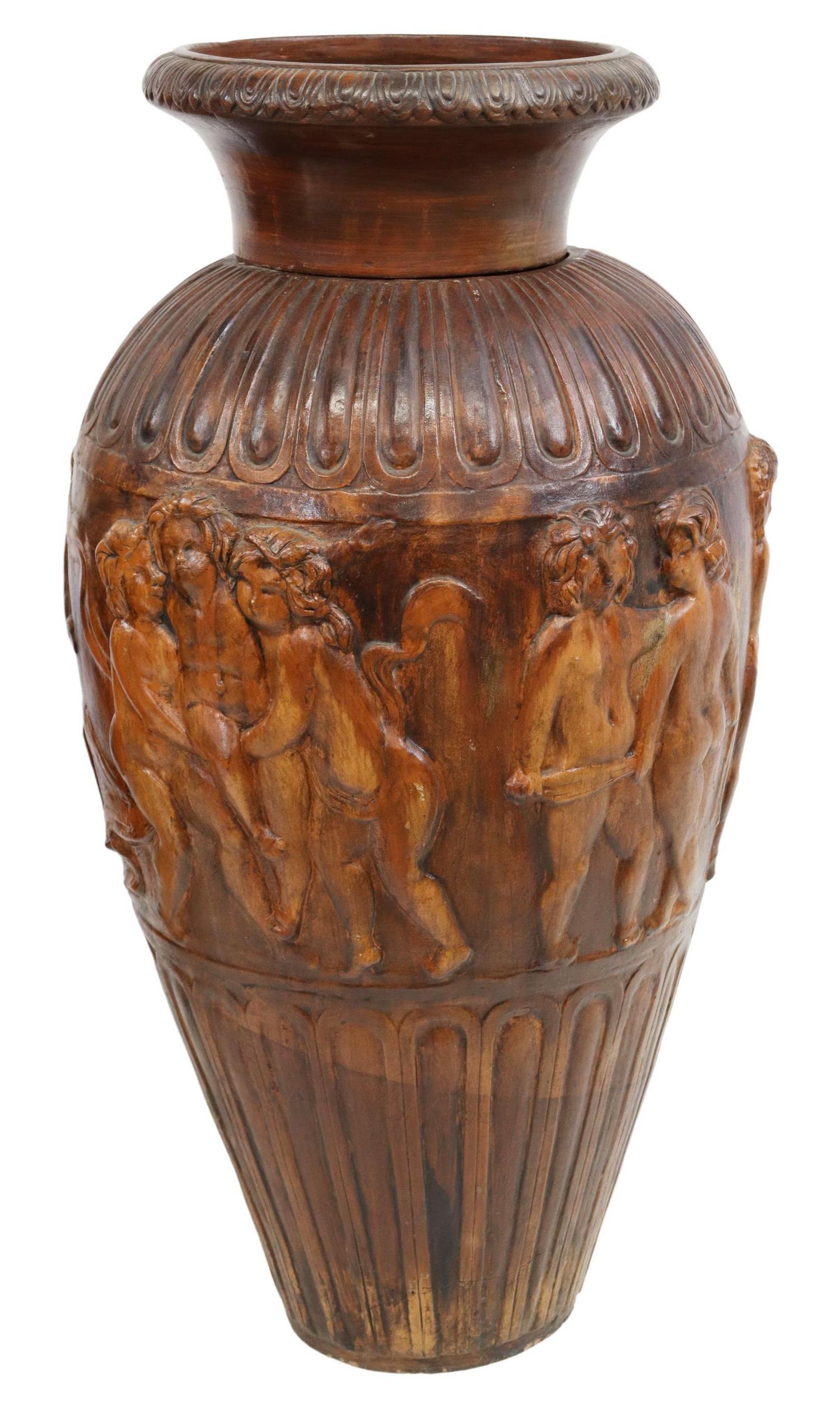 LARGE ITALIAN FIGURATIVE TERRACOTTA VASE, 40"H (1 of 2)