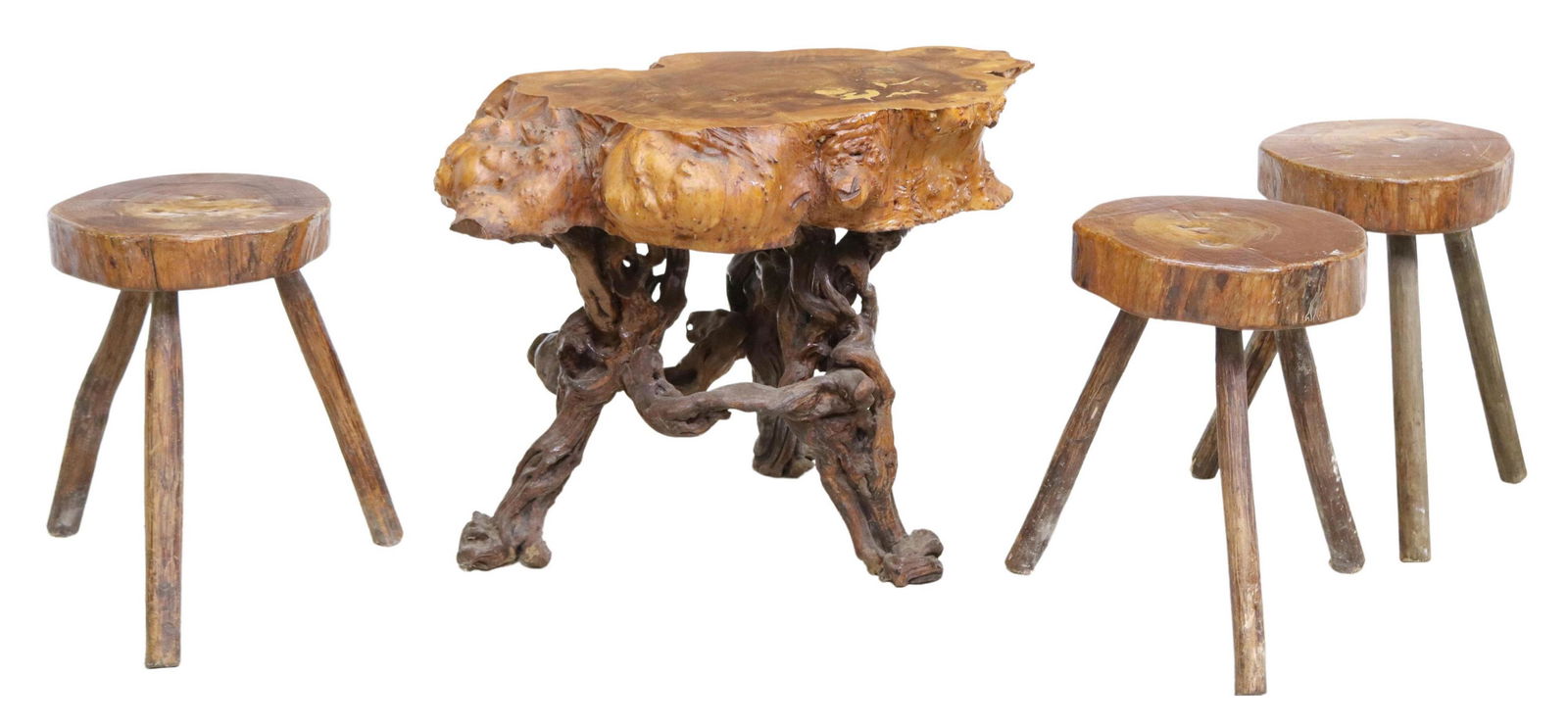 (4) FRENCH RUSTIC BURLWOOD COFFEE TABLE & STOOLS (1 of 7)