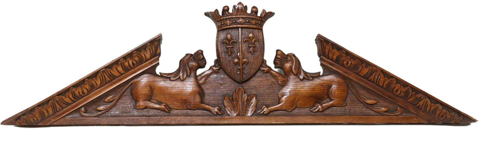 ARCHITECTURAL CARVED OAK LIONS PEDIMENT CREST (1 of 2)