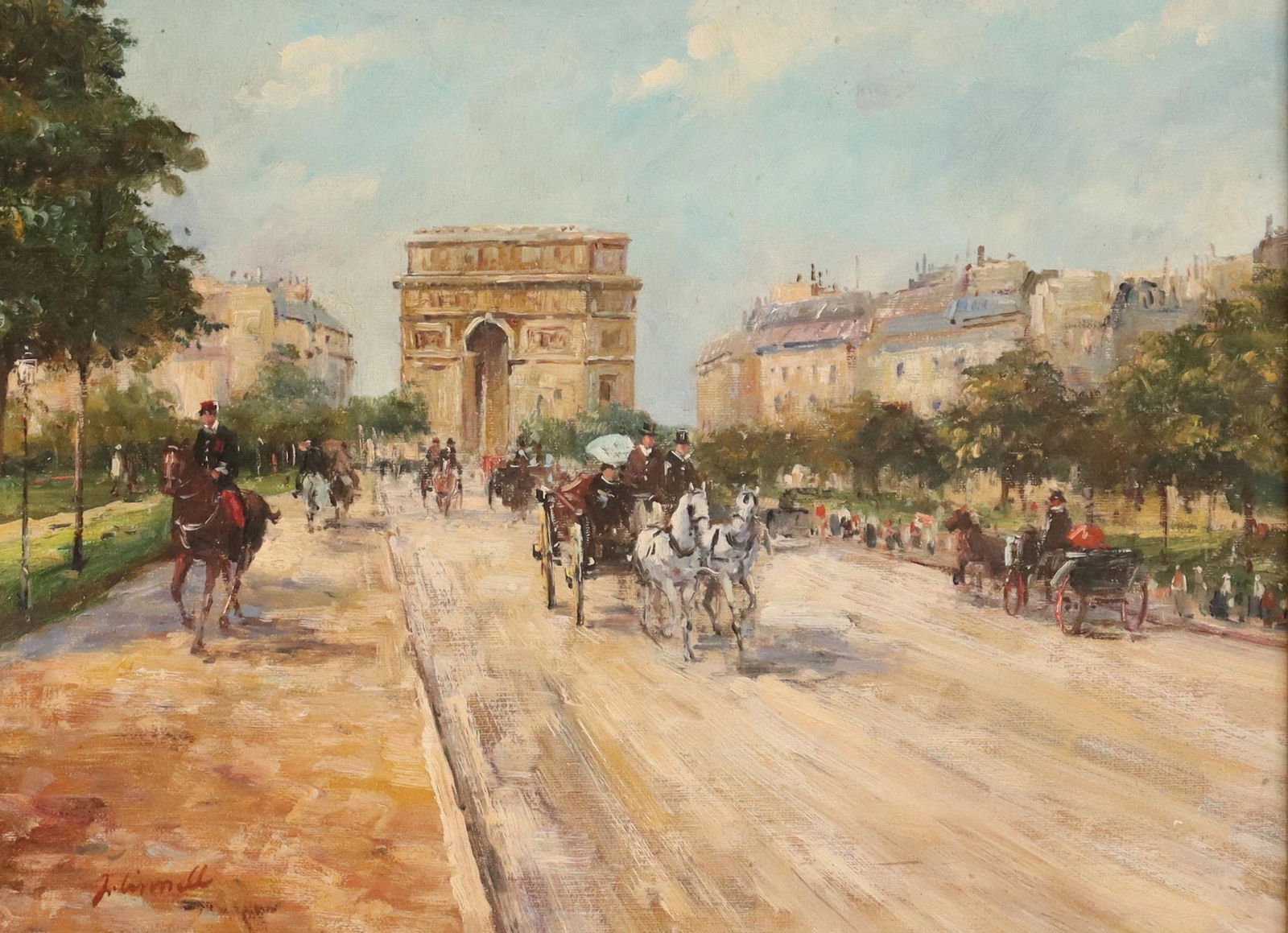 AFTER GEORGES STEIN ARC DE TRIOMPHE CHAMPS-ELYSEES: Framed oil on canvas painting, Along the Champs-Elysees, after the original by Georges Stein (French, 1855-1930), signed lower left J. Linnell (?), sight: approx 11.5"h, 15.5"w, overall: approx 22.5"h