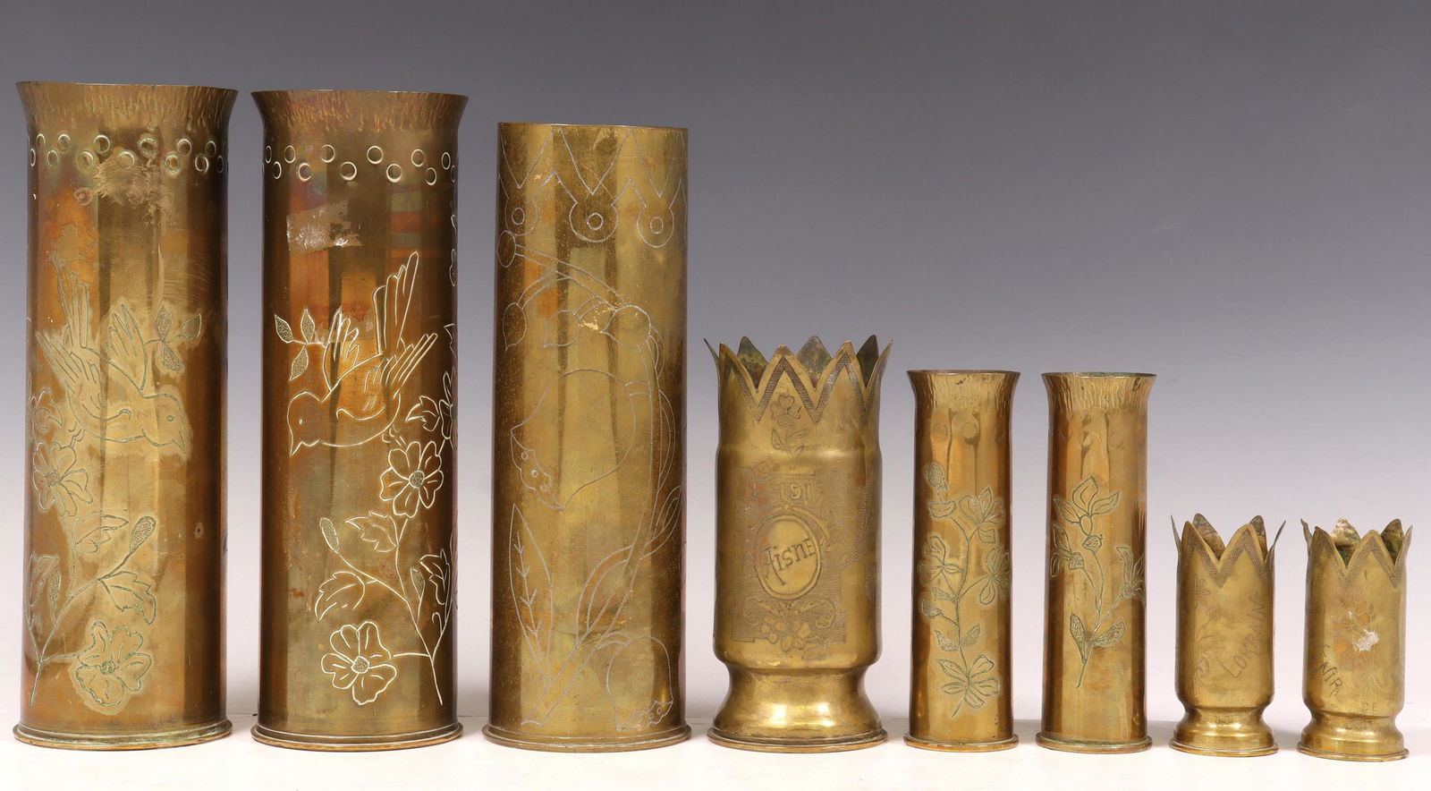8) FRENCH WWI-ERA TRENCH ART ARTILLERY SHELL VASES (1 of 3)