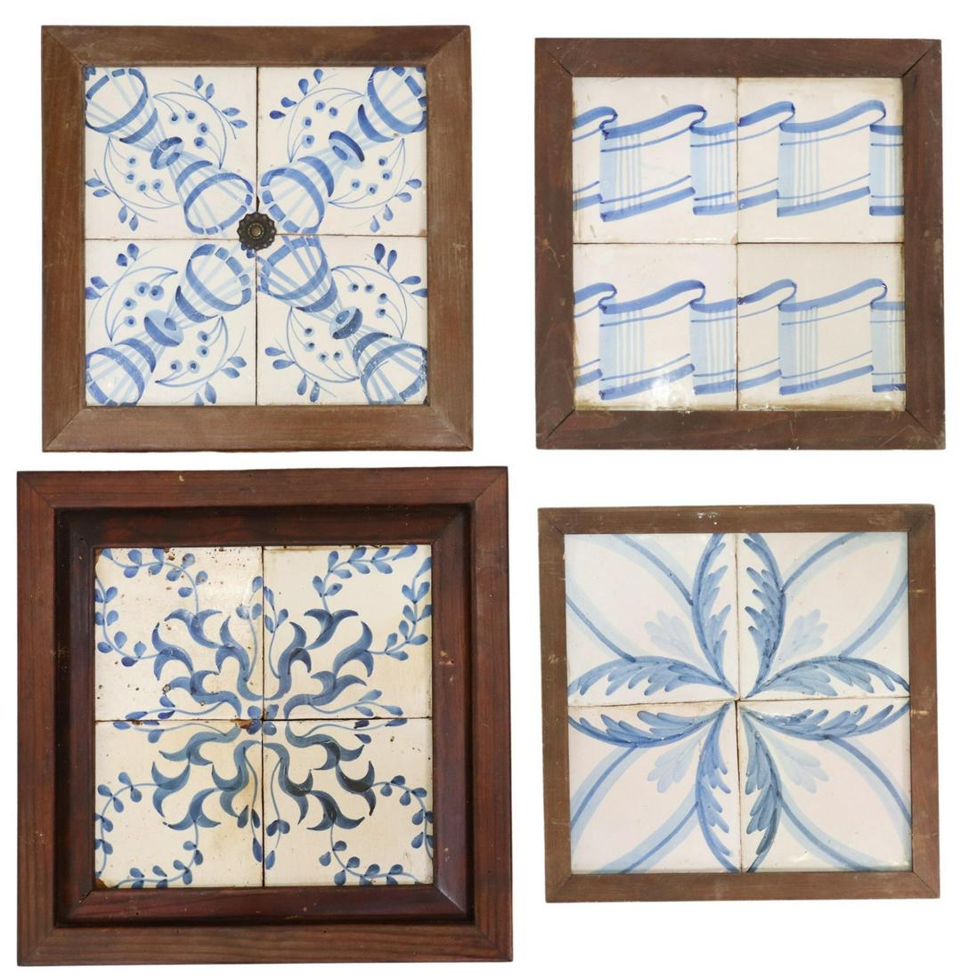 (4) FRAMED BLUE & WHITE MAJOLICA TILES, SPAIN (1 of 2)
