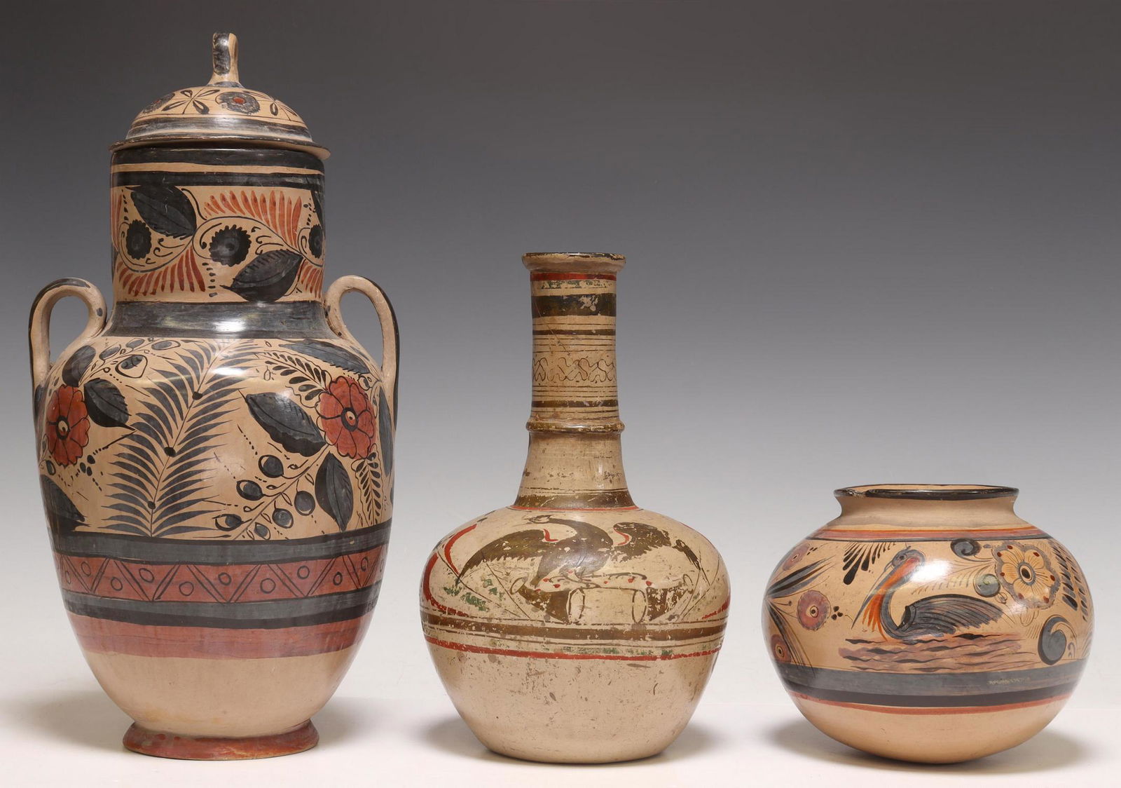 (3) FOLK ART PAINTED POTTERY VESSELS TONALA MEXICO (1 of 3)