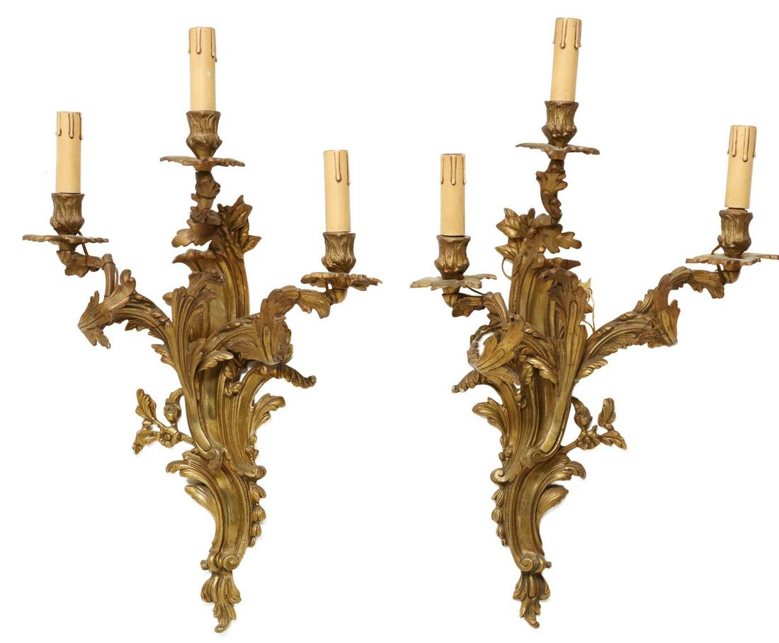 (2) FRENCH LOUIS XV STYLE DORE BRONZE 3-LT SCONCES (1 of 2)