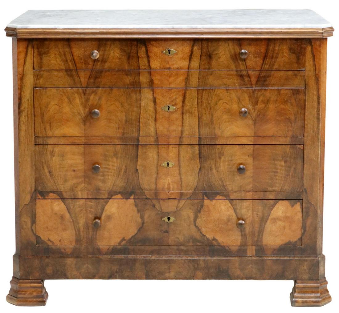 LOUIS PHILIPPE MARBLE-TOP FIGURED WALNUT COMMODE (1 of 5)