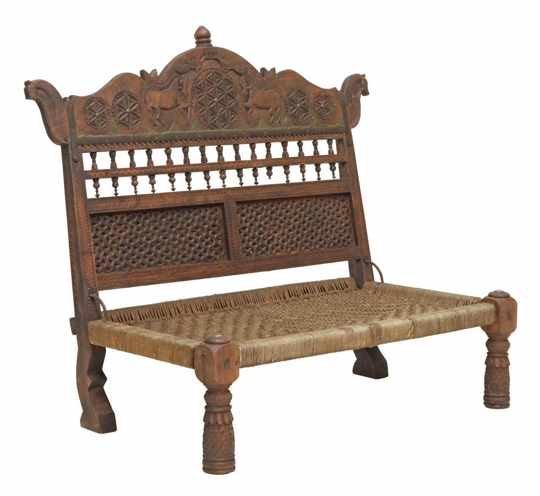 CARVED HORSE MOTIF WOVEN LOW CHAIR, INDIA 19TH C (1 of 5)