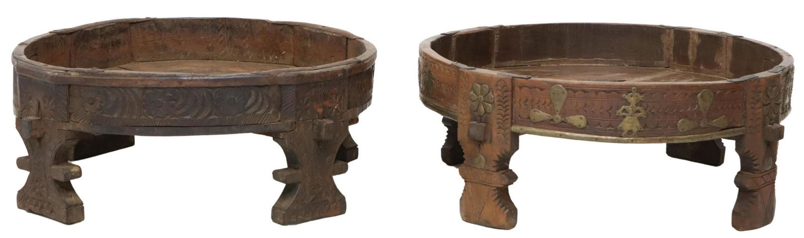 (2) CARVED WOOD CHAKKI GRINDER LOW TABLES, INDIA (1 of 5)