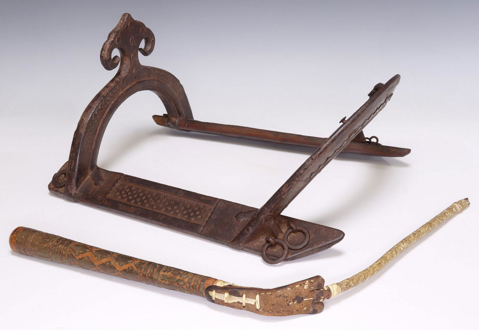 (2) ANTIQUE IRON SADDLE SEAT & CAMEL WHIP (1 of 7)