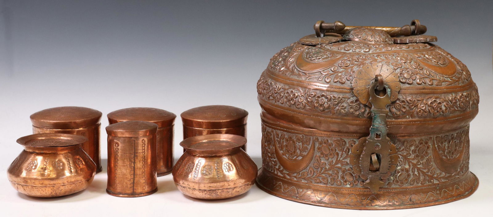 REPOUSSE COPPER PANDAN BETEL STORAGE BOX, INDIA (1 of 8)