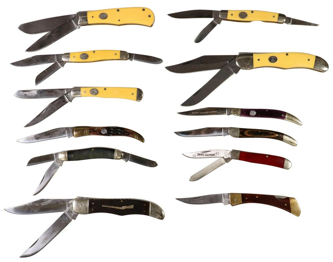 (12) POCKET KNIVES ROUGH RIDER, SEARS, MORE: (lot of 12) Pocket knives, unused and not sharpened, most well lubricated: (1) Rough Rider, 440 stainless steel, 3.5" Texas tickler clip point blade, brown jigged handle; (1) Wild Boar WB8009ET, 3.25"