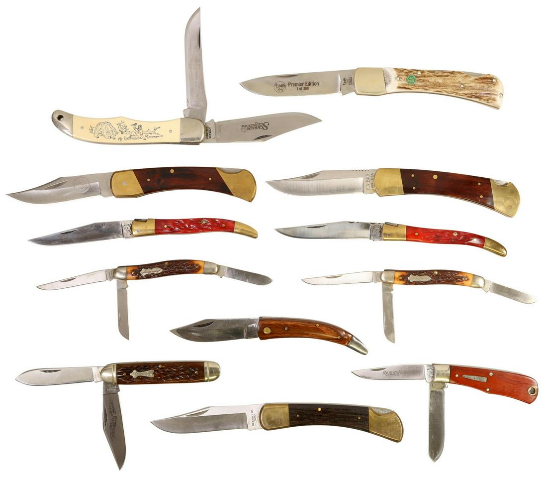 (12) POCKET KNIVES SCHRADE, REMINGTON, MORE: (lot of 12) Pocket knives, unused and not sharpened, most well lubricated: (2) Wild Boar WB5004RB, 3.5" clip point blades, red jigged handles; (2) Schrade Uncle Henry 897UH, 3 blades, 2.75" straight b