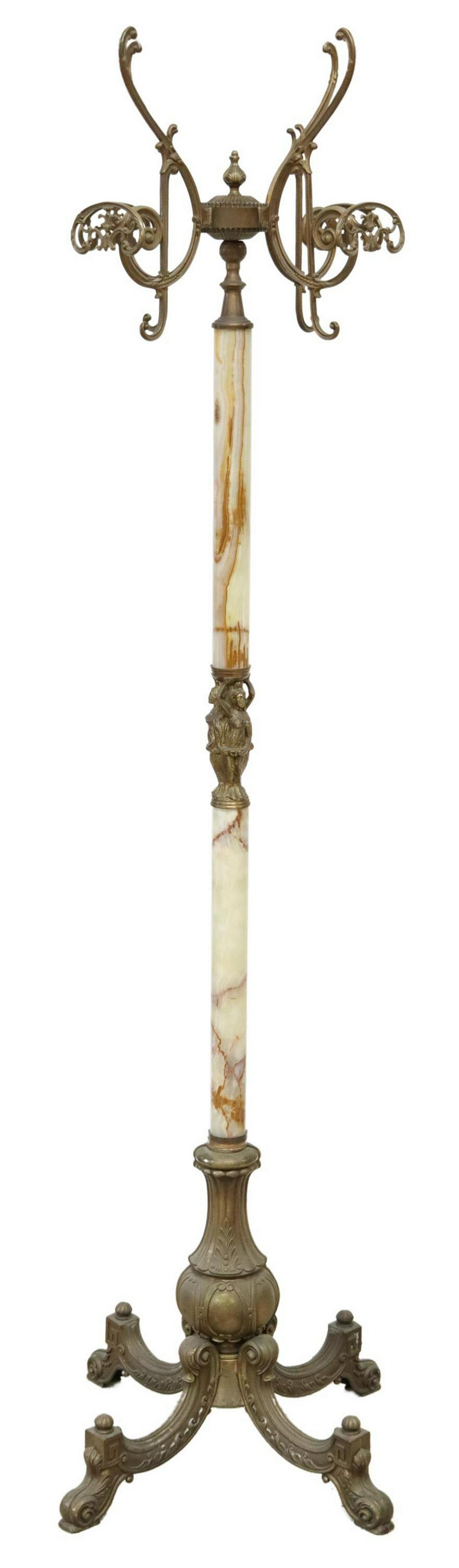 THREE GRACES ONYX & GILT METAL STANDING HALL TREE: Onyx and gilt metal hall tree, 20th c., having four scrolled top hooks, over onyx standard, centering the Three Graces, rising on vasiform base, ending in quadripartite French dolphin legs, approx 69.
