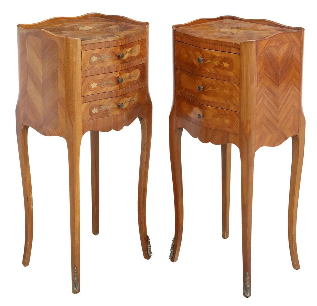 (2) FRENCH LOUIS XV STYLE MARQUETRY NIGHTSTANDS: (lot of 2 ) French Louis XV style inlaid nightstands, early 20th c., varied size and designs, having matched veneer top with three-quarter gallery, over three drawers, with inlaid banding and floral m