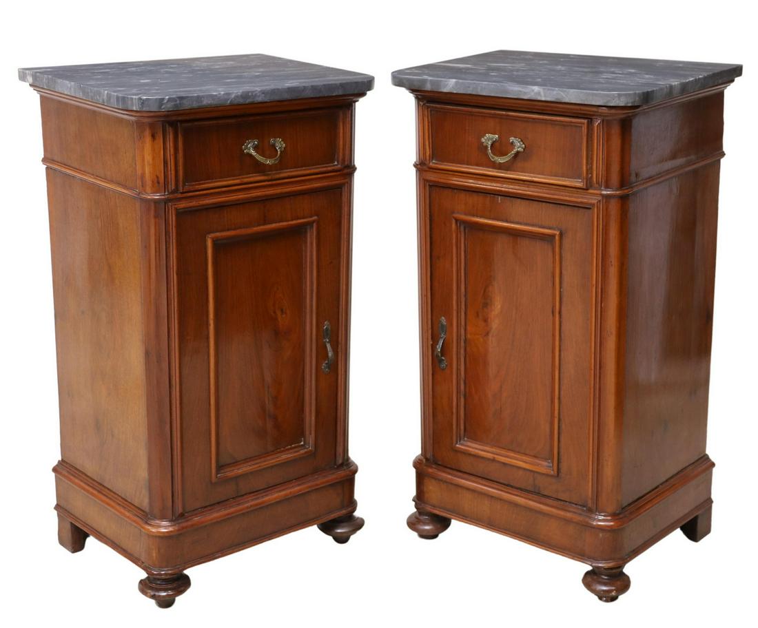 (2) ITALIAN MARBLE-TOP WALNUT BEDSIDE CABINETS (1 of 6)