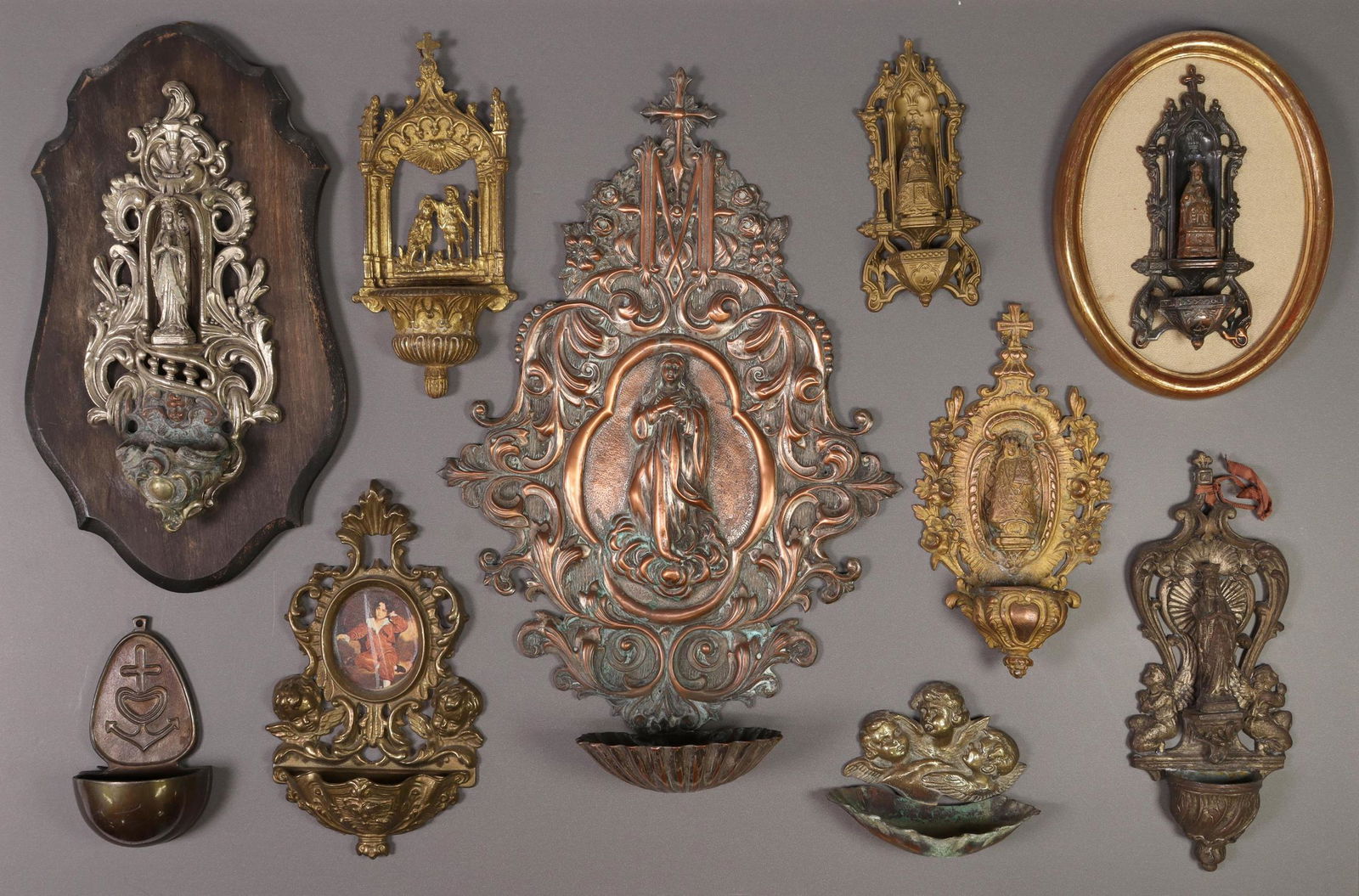 (11) CONTINENTAL RELIGIOUS METAL HOLY WATER FONTS (1 of 6)