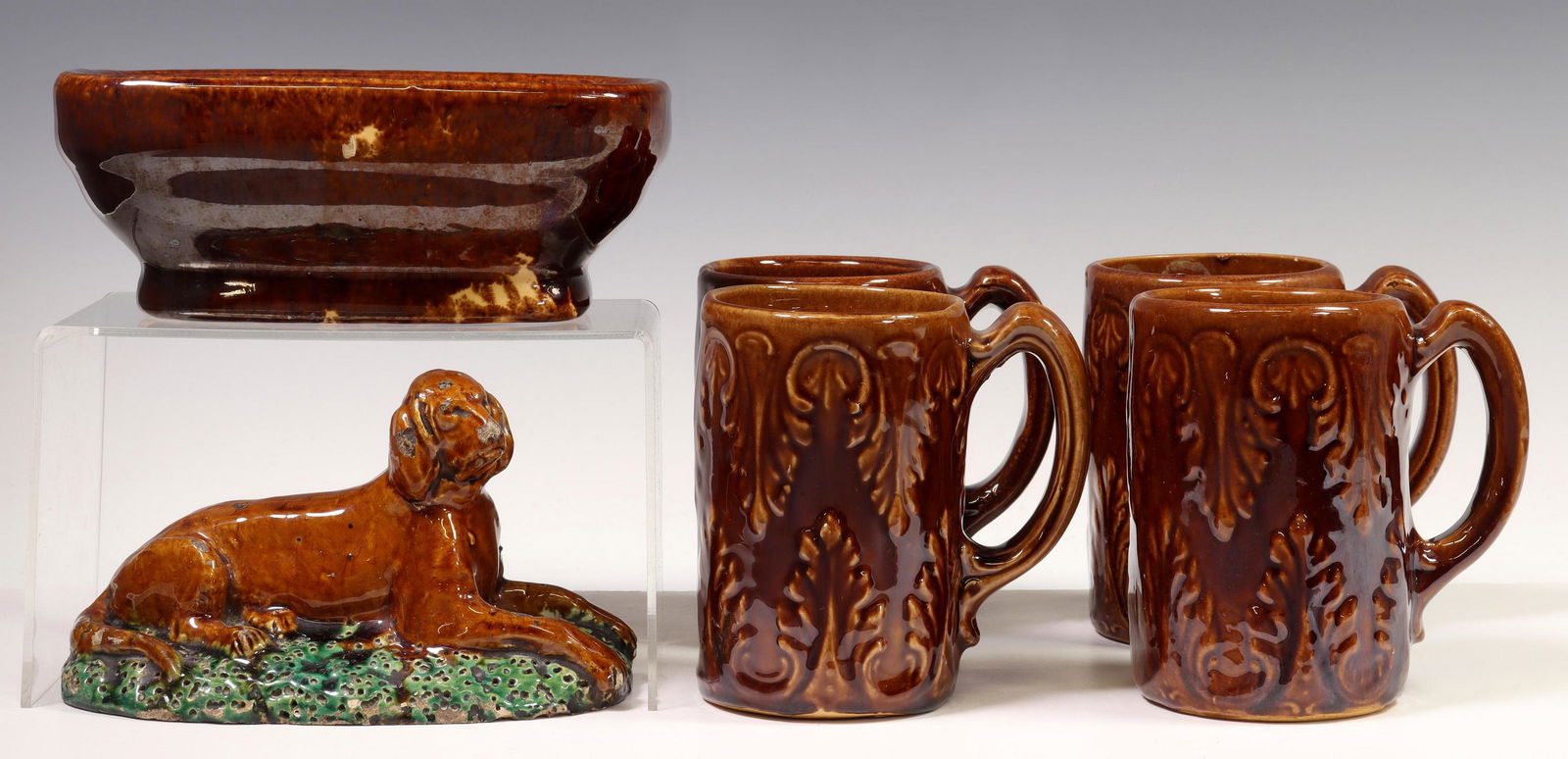 (6) AMERICAN ROCKINGHAM POTTERY MUGS, DISH & DOG (1 of 3)