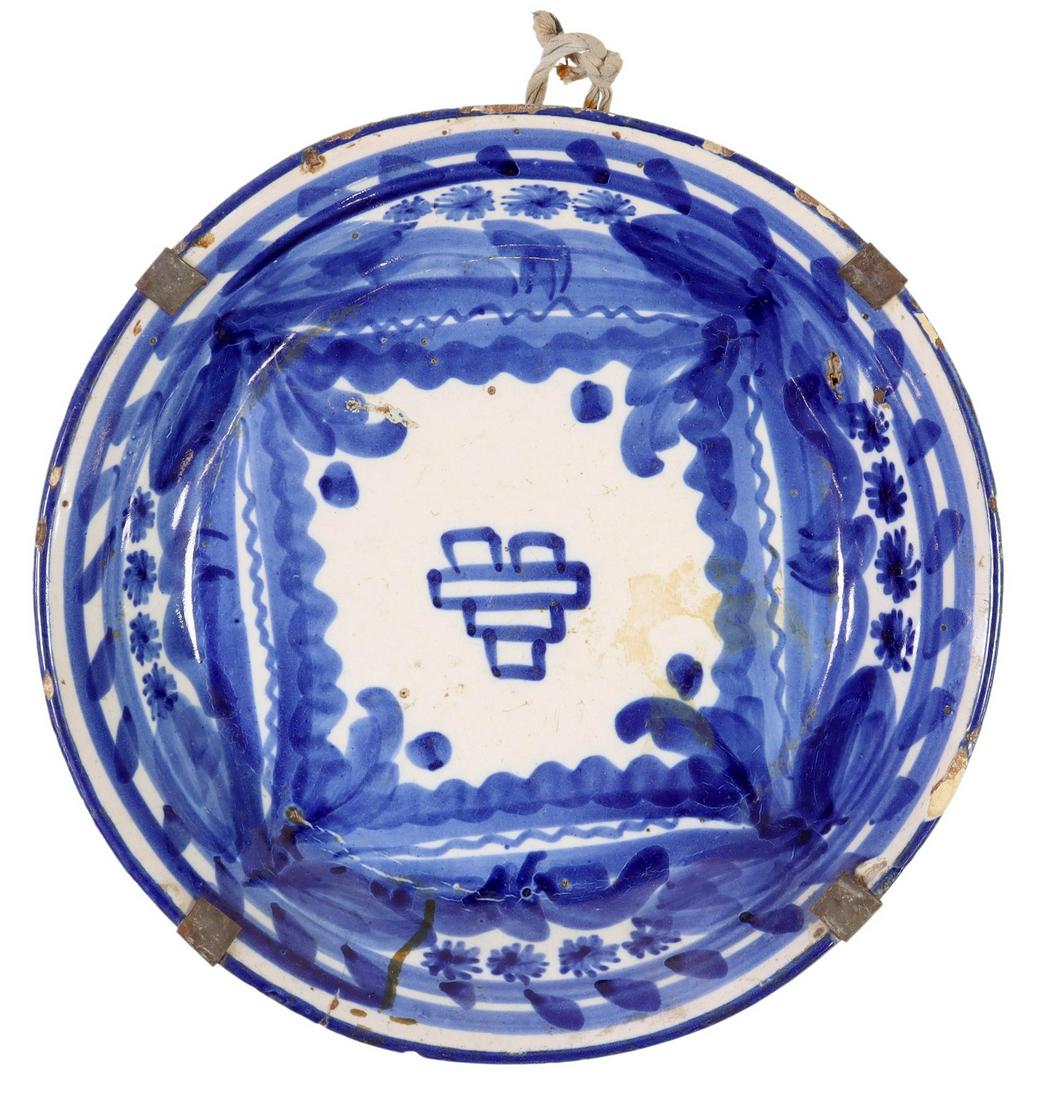BLUE & WHITE MAJOLICA EARTHENWARE BOWL, SPAIN (1 of 3)
