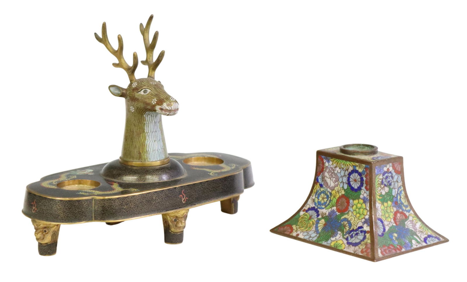 (2) CHINESE CLOISONNE DEER DESK STAND & INKWELL (1 of 6)