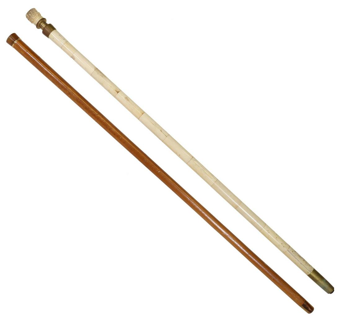 (2) TILED BONE & HORN WALKING STICKS/ CANES: (lot of 2) Walking sticks/ canes, including: (1) having horn knob handle and tip, with gilt metal banding, and tapered wood shaft, approx 35.25"l; (1) having carved bone knob handle, tiled bone shaft,
