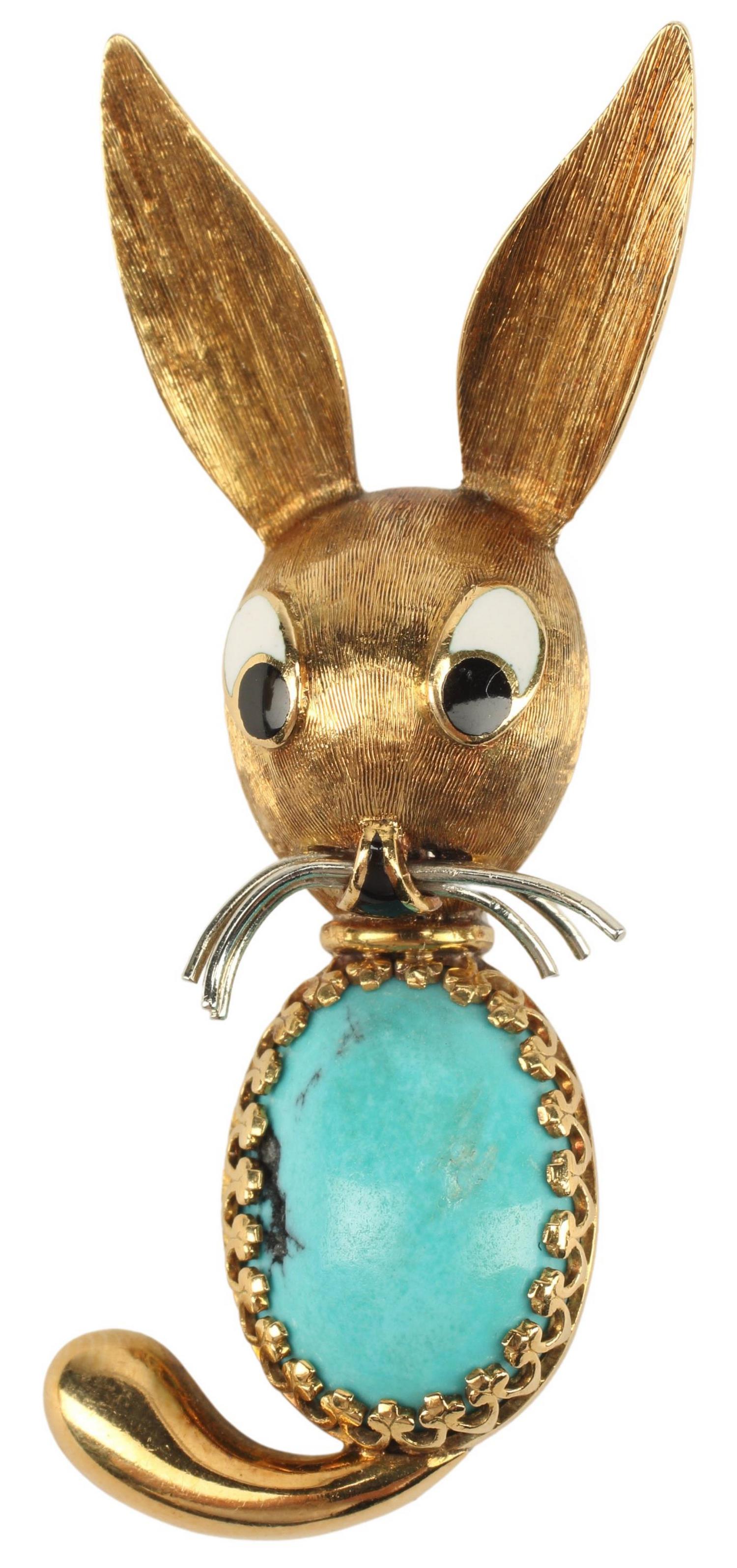 ESTATE ITALIAN 18KT GOLD & TURQUOISE RABBIT BROOCH (1 of 3)