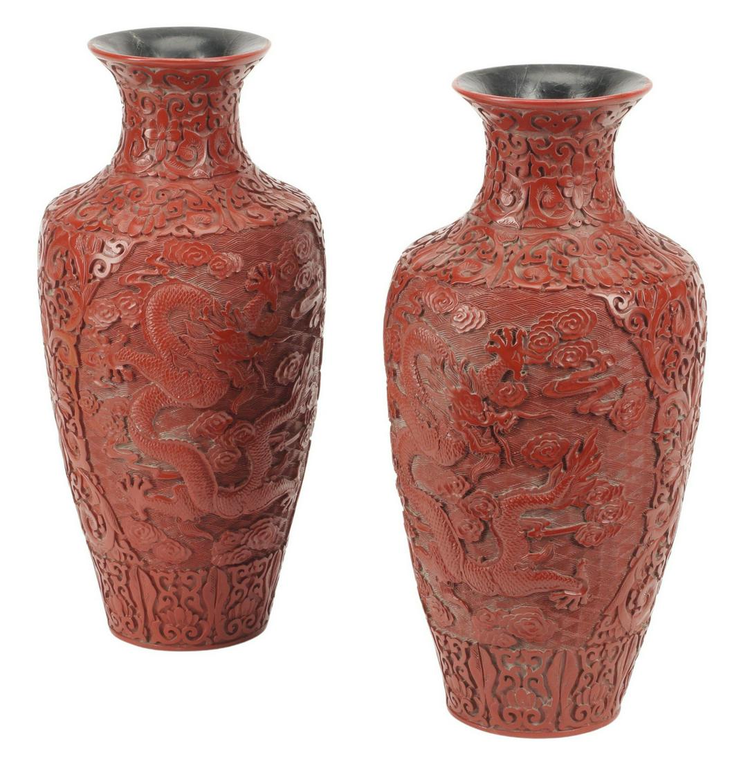 (2) LARGE CHINESE CINNABAR VASES, 15.5"H (1 of 4)