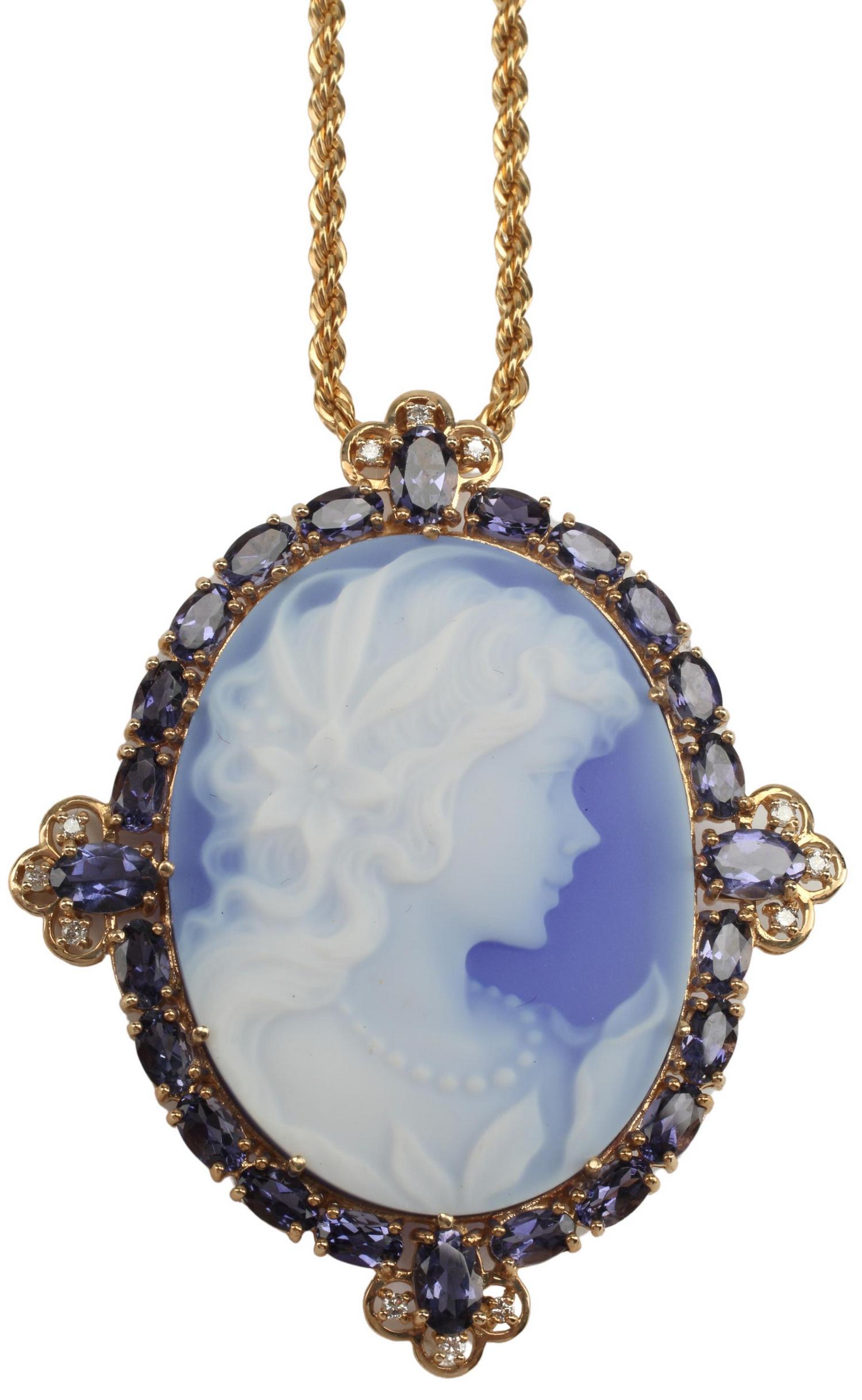 ESTATE 14KT DIAMOND TANZANITE CAMEO PENDANT BROOCH (1 of 4)