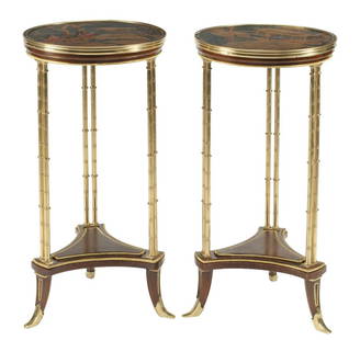 (2) BRONZE DORE CHINOISERIE GUERIDONS: (pair) Neoclassical style bronze dore side tables, after the original model by Adam Weisweiler (1744-1820), having round top centering lacquered Chinoiserie design, approx 30"h, 14.5"diam Start Price: