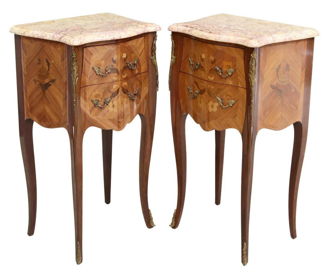 (2) FRENCH LOUIS XV STYLE MARBLE-TOP NIGHTSTANDS: (pair) French Louis XV style matched veneer nightstands, 20th c., having integral marble tops, over two drawers with floral marquetry, rising on cabriole legs, ending in sabots, approx 30"h, 17.25"w, 