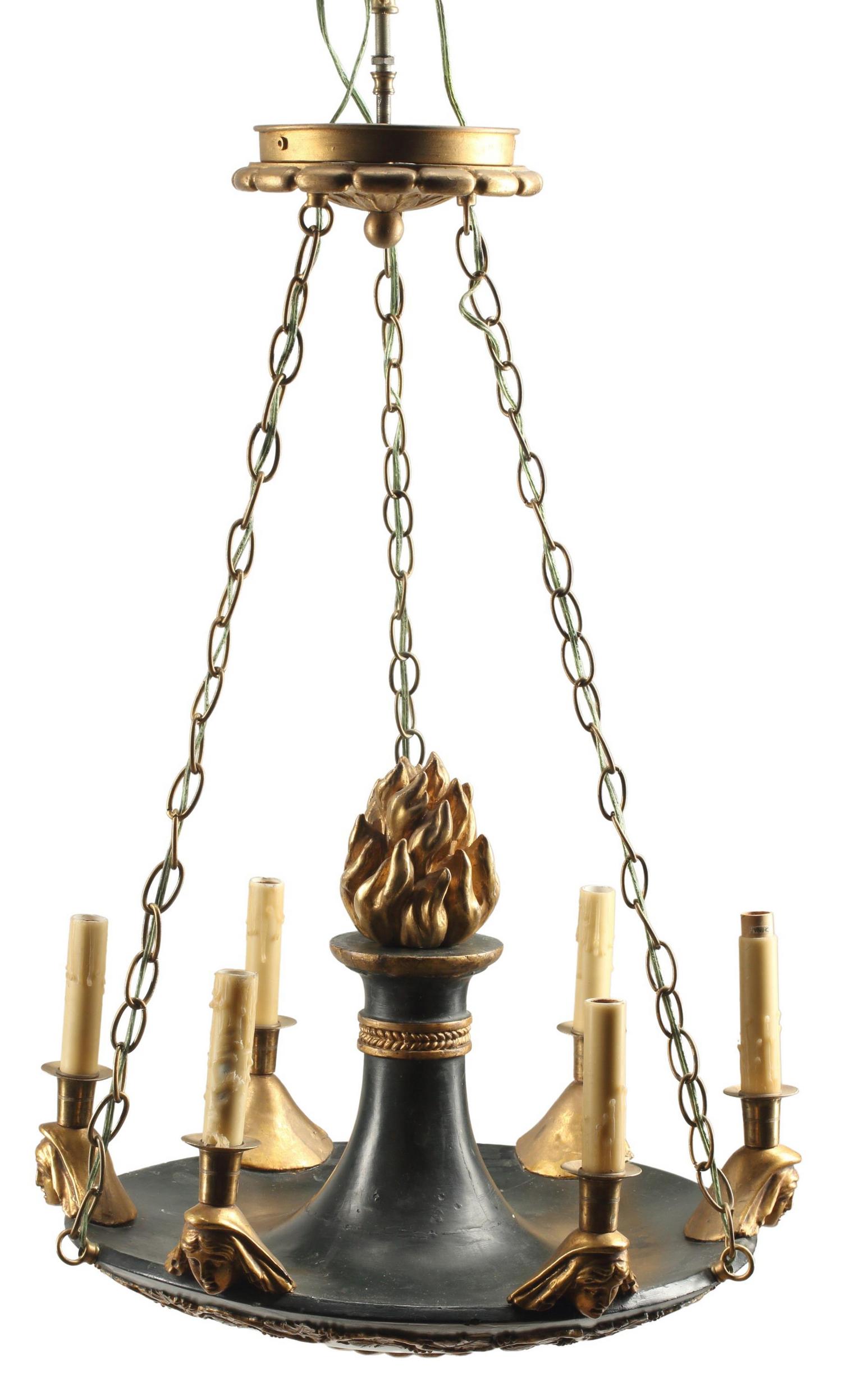 EMPIRE STYLE PARCEL GILT & TOLE 6-LT CHANDELIER (1 of 4)