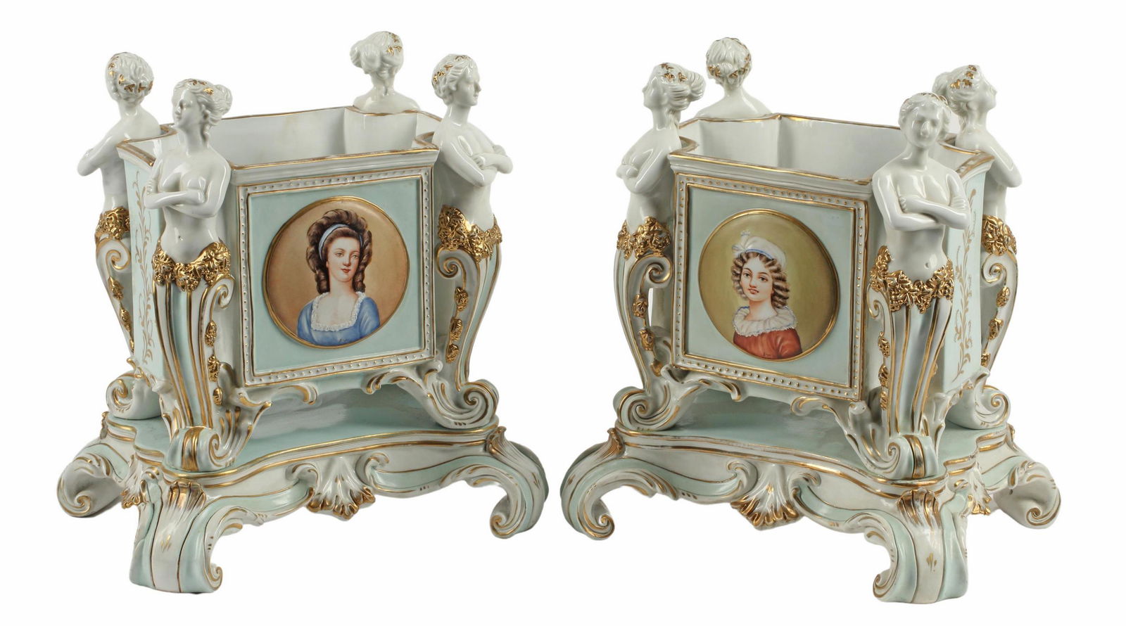 (2) GERMAN PORCELAIN CARYATID CACHEPOTS (1 of 5)