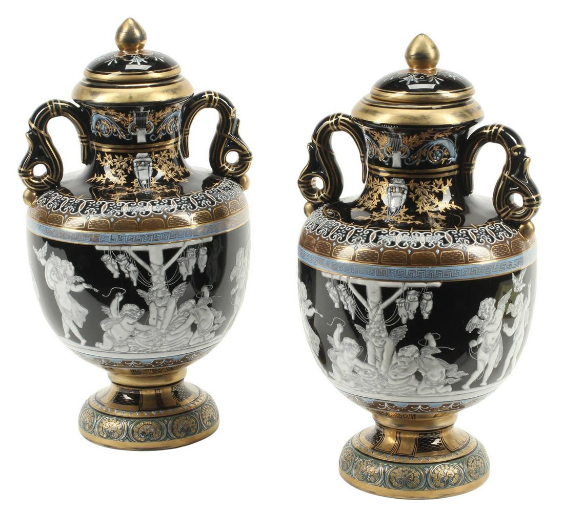 (2) MINTON STYLE PATE-SUR-PATE PORCELAIN URNS (1 of 6)