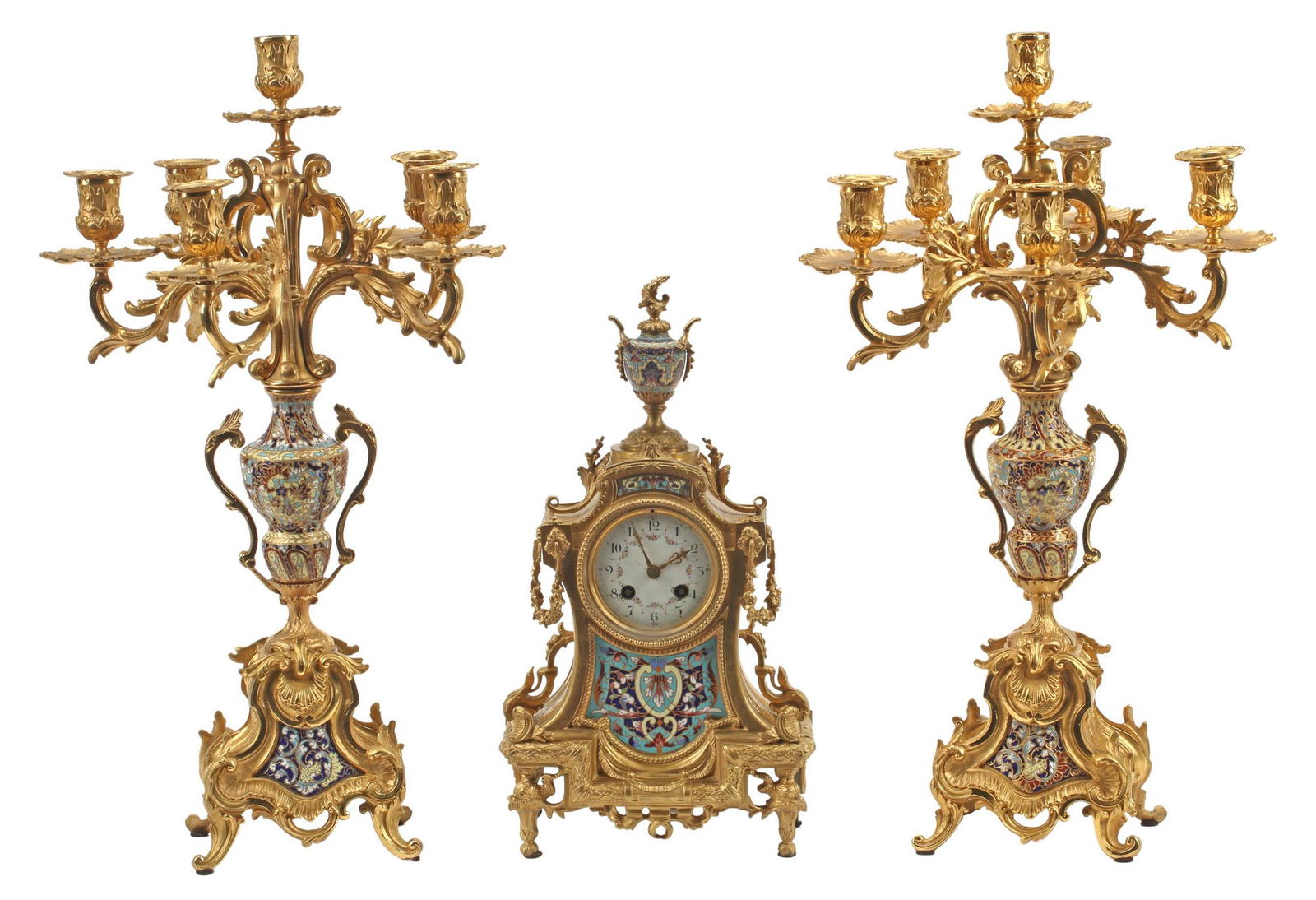 3) LOUIS XV STYLE ORMOLU & CHAMPLEVE GARNITURE SET (1 of 6)