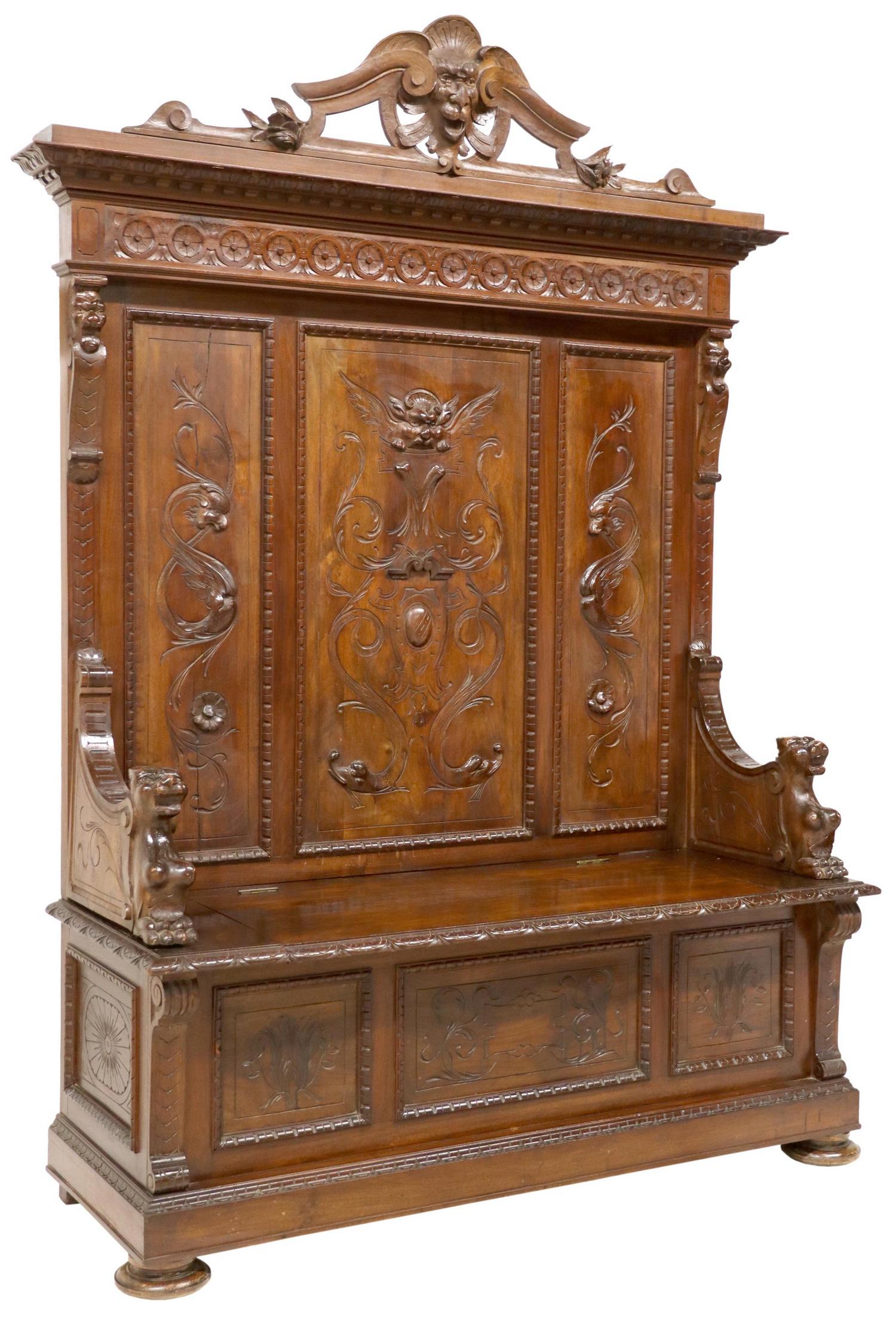 ITALIAN RENAISSANCE REVIVAL CARVED HALL BENCH (1 of 5)