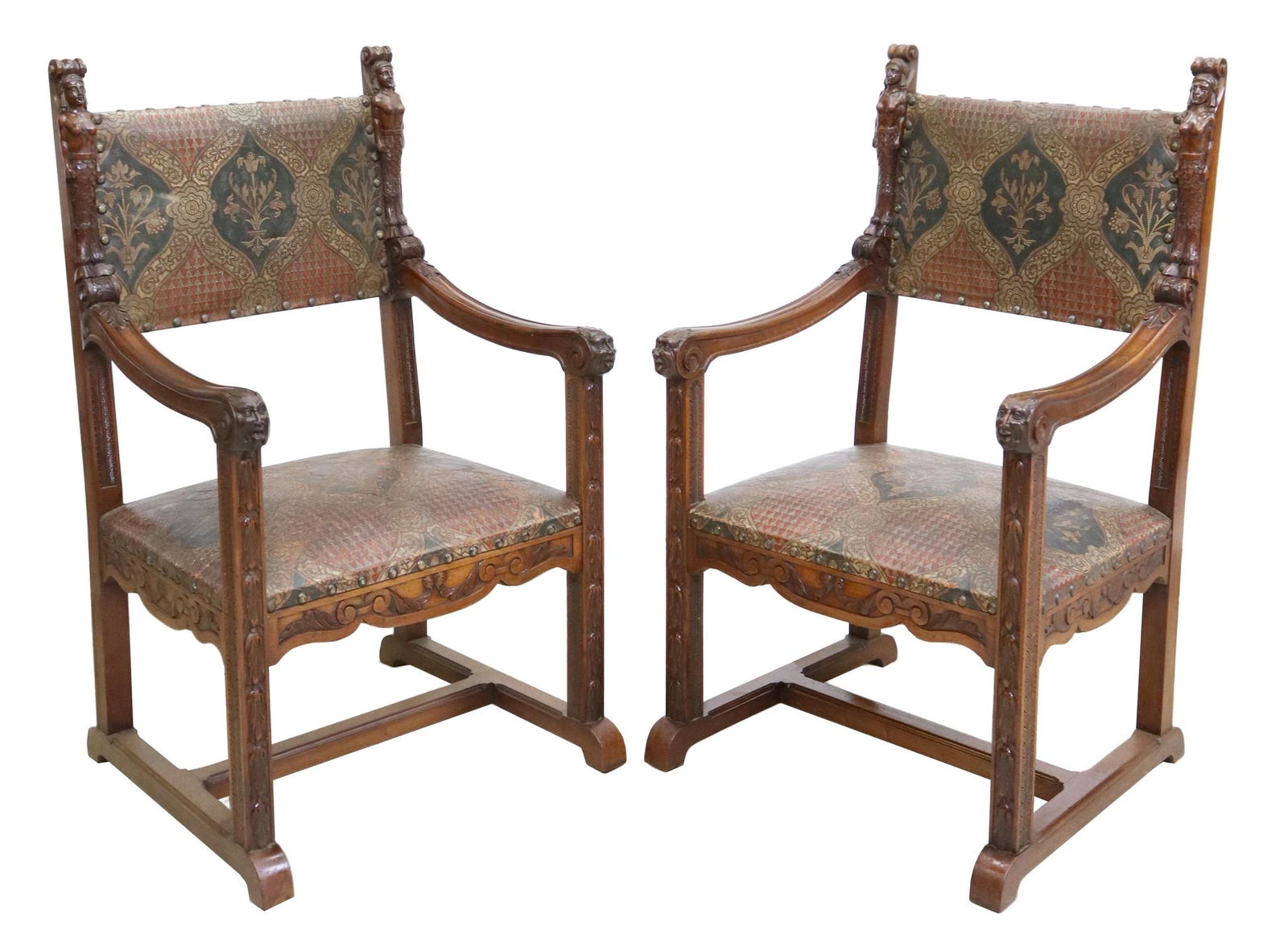(2) CONTINENTAL WALNUT EMBOSSED LEATHER ARMCHAIRS (1 of 5)