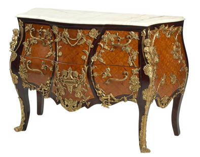 LOUIS XV STYLE MARBLE-TOP ORMOLU-MOUNTED COMMODE: Louis XV style marble-top commode, after a design by Charles Cressent (French, 1685-1768), with bronze dore mounts, approx 34"h, 48"w, 21.5"d Start Price: $1500.00