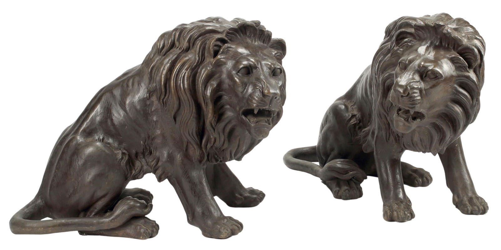 (2) PATINATED BRONZE SCULPTURES SEATED LIONS, 29"H (1 of 5)