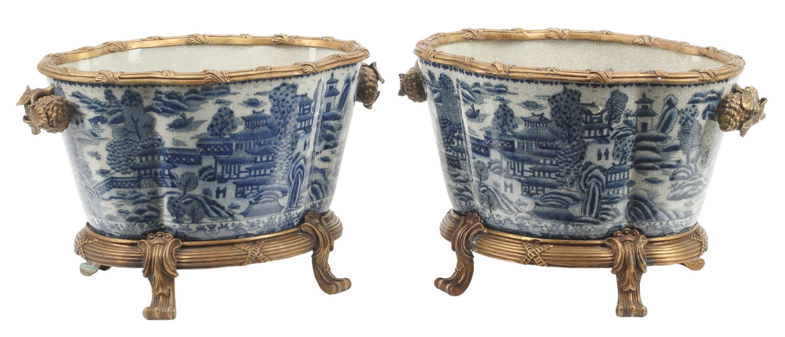 (2) BRONZE MOUNTED BLUE & WHITE JARDINIERES (1 of 5)