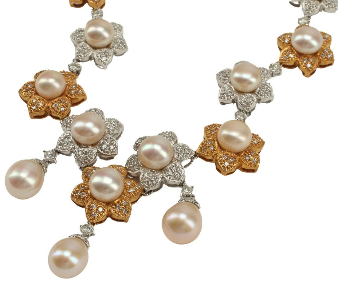 ESTATE 18KT TWO-TONE GOLD DIAMOND PEARL NECKLACE (1 of 4)